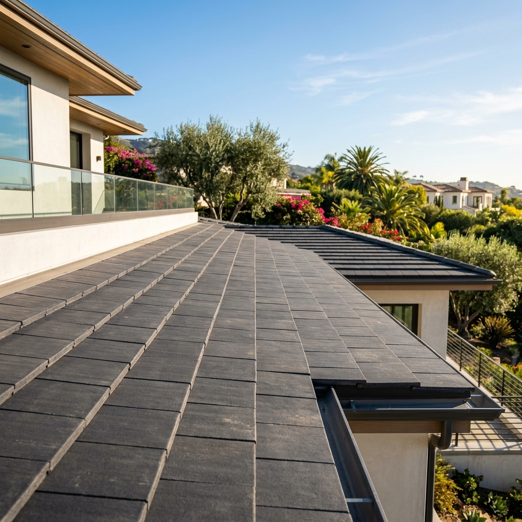Elegant flat charcoal concrete roof tile installation
